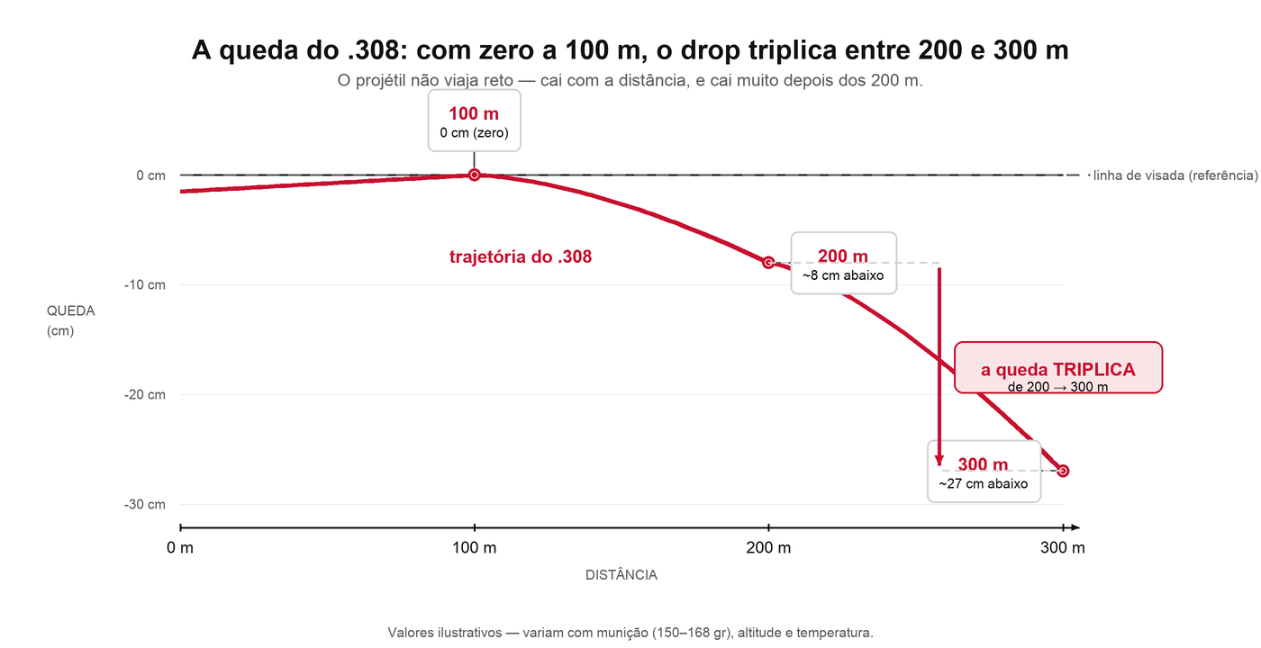 Gráfico da queda do projétil .308 em centímetros a 100, 200 e 300 metros