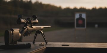 Rifle com luneta e bipe em estande de tiro para zeragem