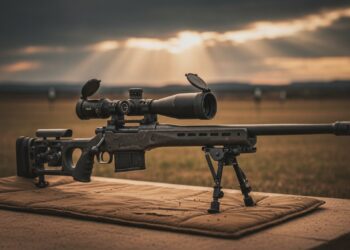 Rifle .308 de ferrolho com luneta e bipe em estande