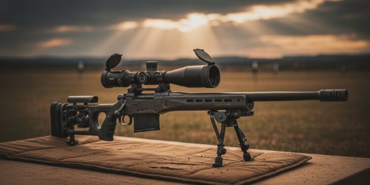 Rifle .308 de ferrolho com luneta e bipe em estande