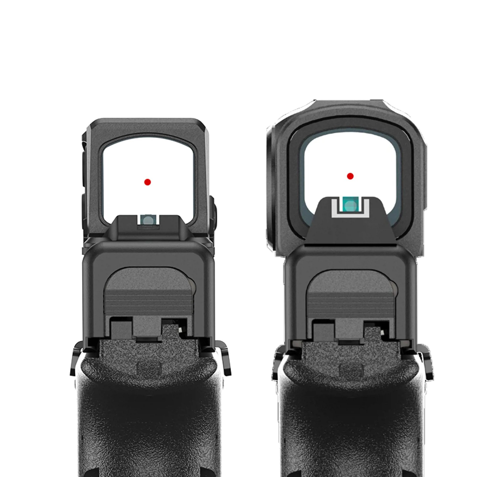 Visão do atirador através de dois red dots Aimpoint COA, com o ponto vermelho de 3,5 MOA visível