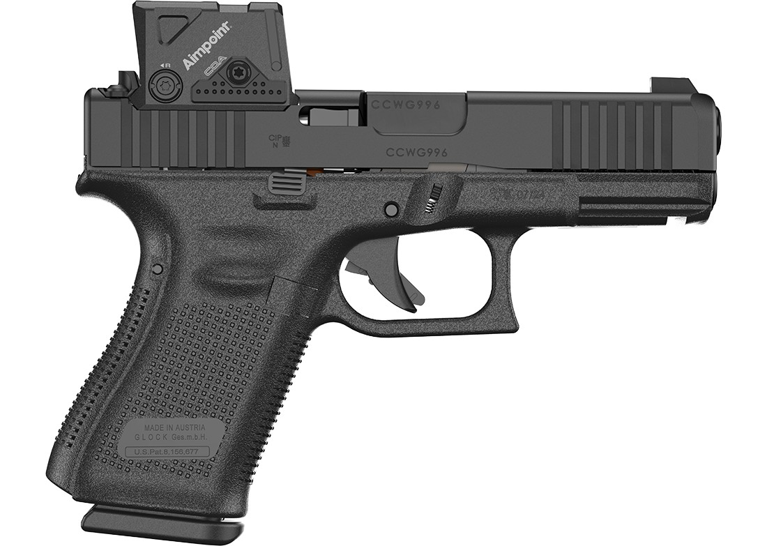 Pistola Glock com red dot Aimpoint COA montado no corte A-CUT do ferrolho