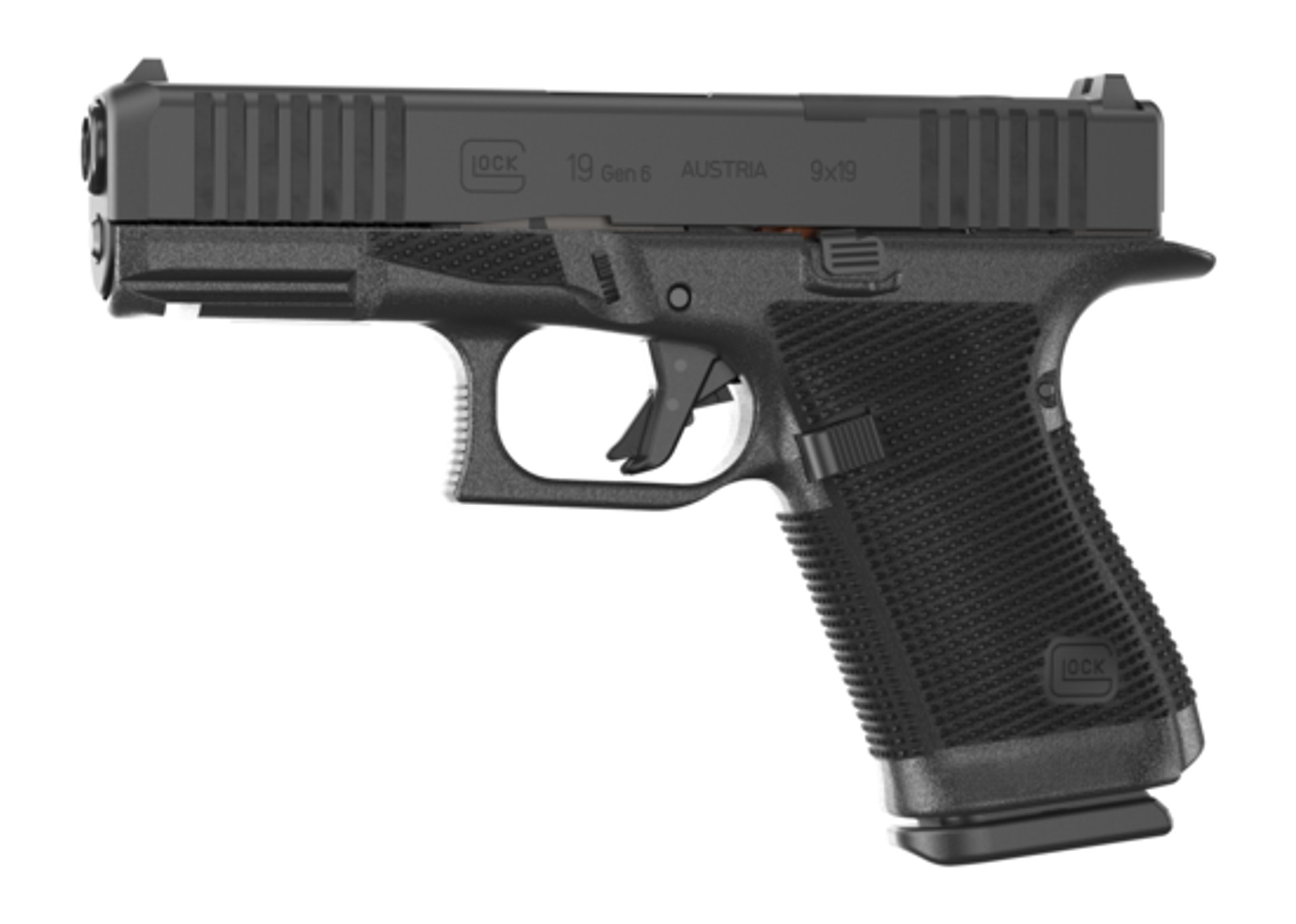 Render 3D oficial da Glock 19 Gen6 em vista 3/4, com gravação "19 Gen 6" no ferrolho