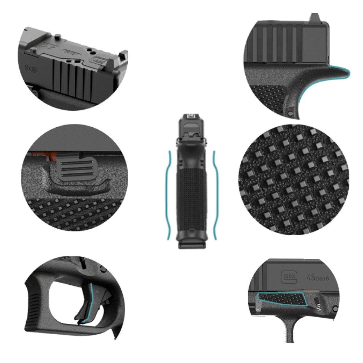 Detalhes em close dos novos recursos da Glock Gen6: serrilhado, retém, gatilho, beavertail, apoio do polegar e textura RTF6