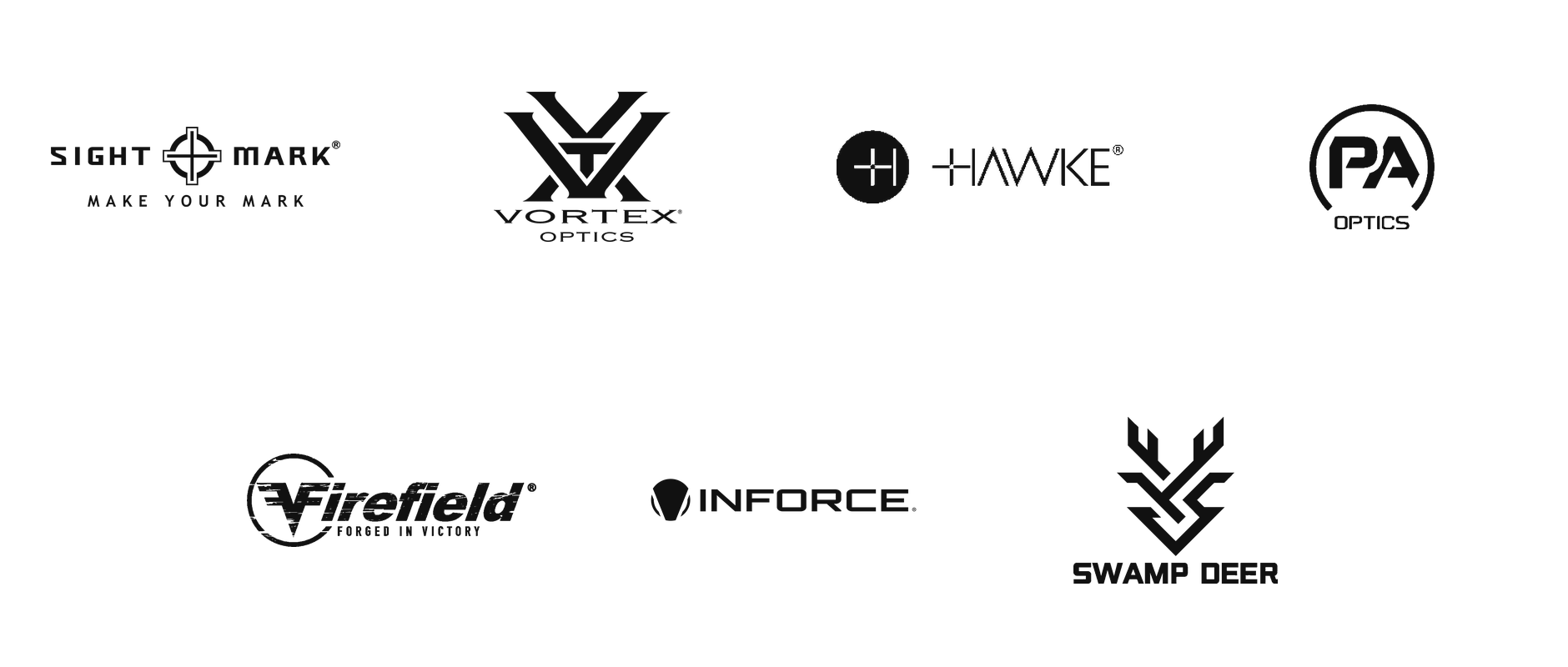 Marcas de óptica no estande da Base Charlie: Sightmark, Vortex, Hawke, Primary Arms, Firefield, Inforce e Swamp Deer