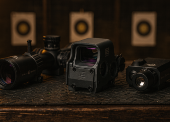 Luneta Sightmark Presidio, mira holográfica EOTech EXPS3 e laser Sightmark LoPro sobre bancada de estande de tiro