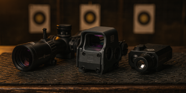 Luneta Sightmark Presidio, mira holográfica EOTech EXPS3 e laser Sightmark LoPro sobre bancada de estande de tiro