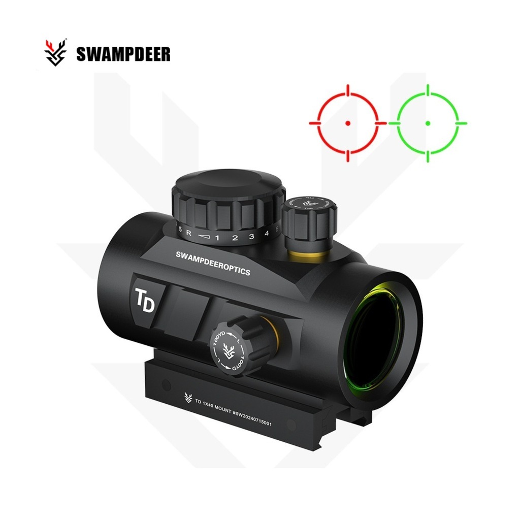 Red dot Swampdeer TD 1x40 IMPACT com os dois retículos disponíveis, vermelho e verde, lado a lado