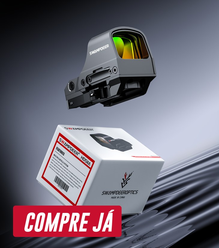 Red dot Swampdeer HD511A e sua caixa, com o selo COMPRE JÁ — disponível na Base Charlie