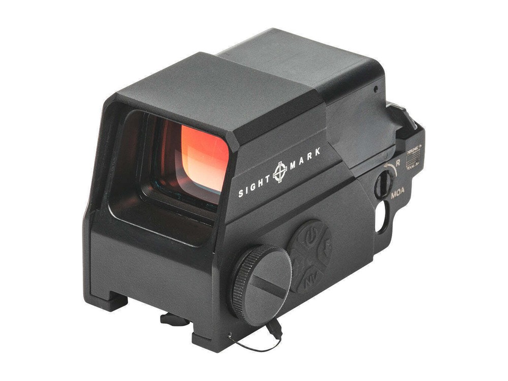 Red dot de janela aberta Sightmark Ultra Shot M-Spec FMS com retículo círculo e ponto e base Picatinny fixa, render oficial