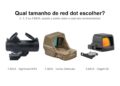 Três red dots com tamanhos de ponto diferentes sobre fundo branco: Sightmark MTS 1x30 de 2 MOA, Vortex Defender-ST de 3 MOA e Osight SE de 6 MOA