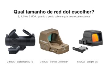 Três red dots com tamanhos de ponto diferentes sobre fundo branco: Sightmark MTS 1x30 de 2 MOA, Vortex Defender-ST de 3 MOA e Osight SE de 6 MOA