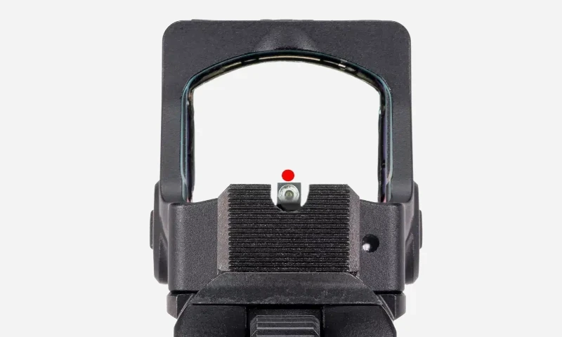 Visão pela janela do Vortex Defender: ponto vermelho único sobre a massa de mira da pistola